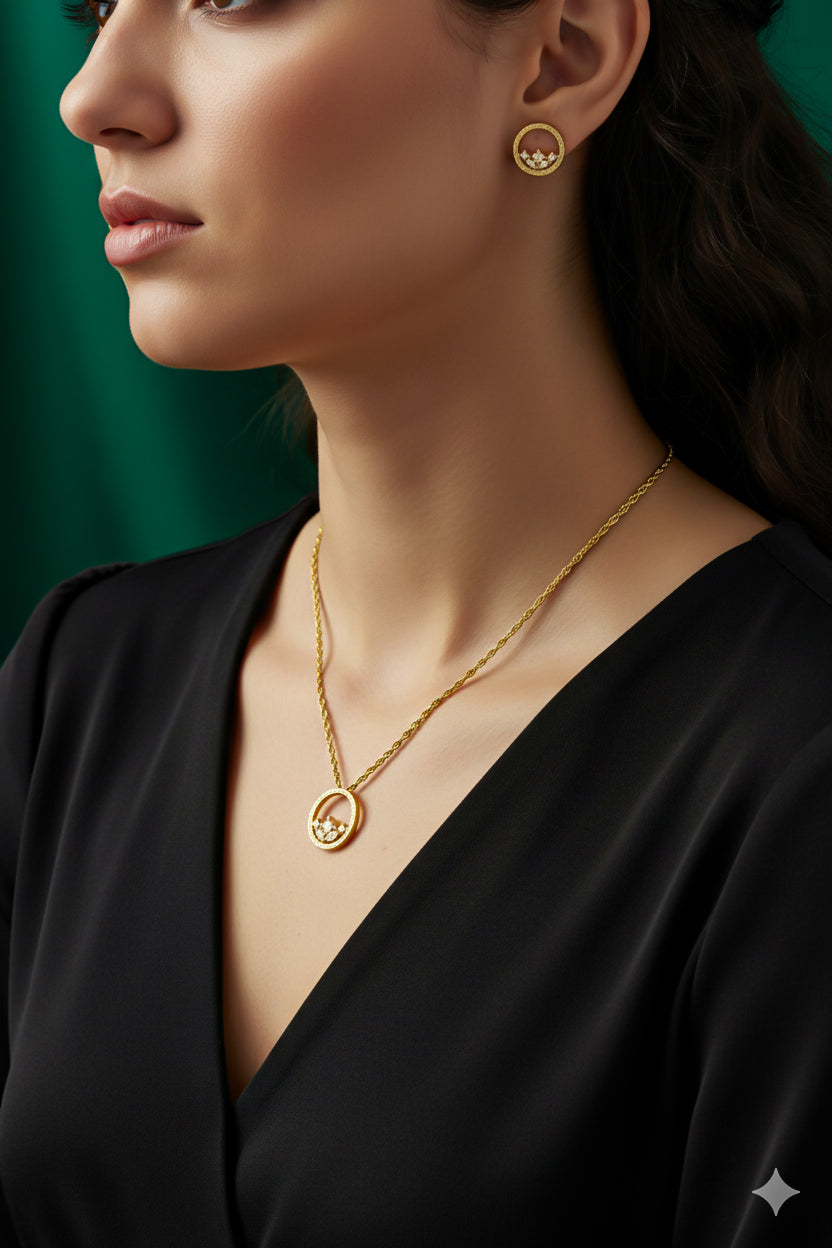 Regal Radiance Gold Pendant with Earrings Set